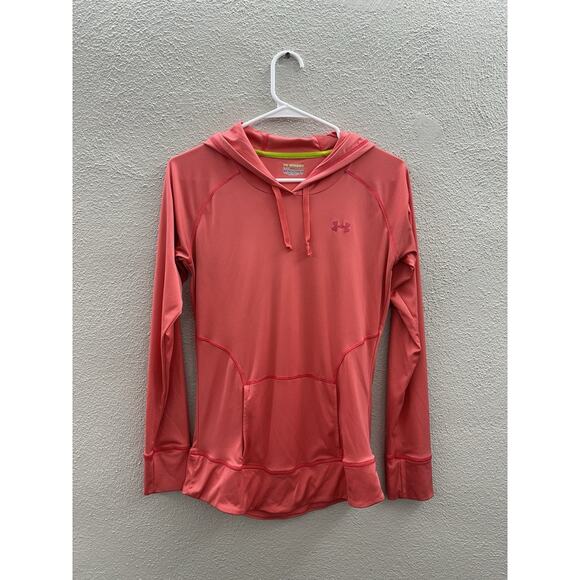 Under Armour Womens Hoodie Small Pink Semi Fitted Long Sleeve Heatgear Athletic - Picture 1 of 12